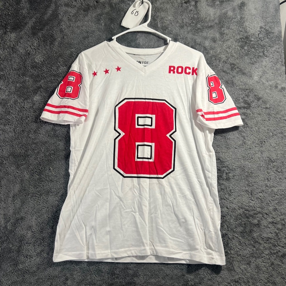 On Fire Womens V-Neck Graphic T-Shirt White Red Sporty Jersey Style Size M